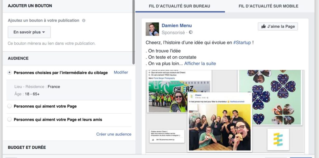 Voici ce qui s’affiche quand nous cliquons sur Booster la publication.